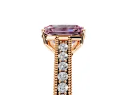 Solitaire Engagement Ring Setting for Fancy Pink Emerald Cut Center with Engraved Pave Band and Prong Head in Rose Gold