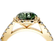 Halo Engagement Ring Setting for Fancy Green Round Cut Center with Full Pave Band and Prong Head in Yellow Gold