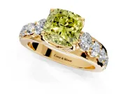 Solitaire Engagement Ring Setting for Fancy Yellow Cushion Cut Center with Graduated Shared Prongs and Prong Head in Yellow Gold