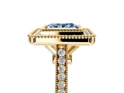 Halo Engagement Ring Setting for Fancy Blue Princess Cut Center with Milgrain Frame, Pave Band and Prong Head in Yellow Gold