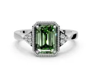 Cluster Engagement Ring Setting for Fancy Green Emerald Cut Center with Milgrain Shoulder Clusters and Prong Head in Platinum