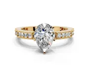 Solitaire Engagement Ring Setting for Pear-Shaped Center with Milgrain-Edged Pave Band and Prong Head in Yellow Gold