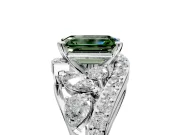Halo Engagement Ring Setting for Fancy Green Emerald Cut Center with Marquise and Pave Bypass Band and Prong Head in Platinum