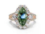 Halo Engagement Ring Setting for Fancy Green Marquise Center with Two-Strand Split Shank and Prong Head in Rose Gold