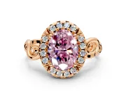 Halo Engagement Ring Setting for Fancy Pink Oval Center with Open Scroll Shoulders and Prong Head in Rose Gold
