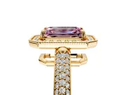 Milgrain Halo Engagement Ring Setting for Fancy Pink Emerald Cut Center with Three-Sided Pave Band and Prong Head in Yellow Gold