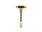 Halo Engagement Ring Setting for Fancy Blue Emerald Cut Center with Milgrain Frame, Pave Band and Prong Head in Yellow Gold