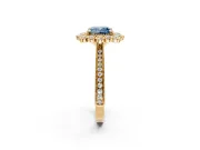 Milgrain Halo Engagement Ring Setting for Fancy Blue Cushion Cut Center with Bezel Point Accents and Prong Head in Yellow Gold