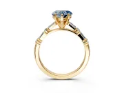 Baguette Engagement Ring Setting for Fancy Blue Heart-Shaped Center with Alternating Bar-Set Band and Prong Head in Yellow Gold