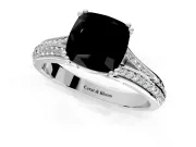 Solitaire Engagement Ring Setting for Fancy Black Cushion Cut Center with Pave Rail Split Shank and Prong Head in Platinum