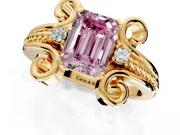 Solitaire Engagement Ring Setting for Fancy Pink Emerald Cut Center with Twisted Band and Scroll Prong Head in Yellow Gold