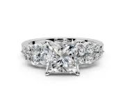 Cluster Engagement Ring Setting for Princess Cut Center with 2-Row Shoulder Clusters and Prong Head in White Gold