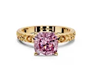 Solitaire Engagement Ring Setting for Fancy Pink Cushion Cut Center with XO Engraved Band and Prong Head in Yellow Gold