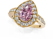 Bezel-Framed Halo Engagement Ring Setting for Fancy Pink Pear-Shaped Center with Pave Band and Prong Head in Yellow Gold