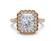 Milgrain Floral Halo Engagement Ring Setting for Radiant Cut Center with Pave Band and Prong Head in Rose Gold