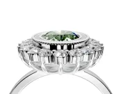 Halo Engagement Ring Setting for Fancy Green Oval Center with Milgrain Bezel Rim, Plain Band and Prong Head in White Gold