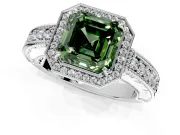 Milgrain Halo Engagement Ring Setting for Fancy Green Asscher Cut Center with Pave Band and Prong Head in Sterling Silver