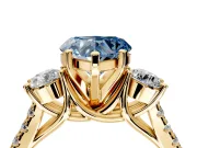 3 Stone Engagement Ring Setting for Fancy Blue Heart-Shaped Center with Crossover Basket, Pave Band and Prong Head in Yellow Gold