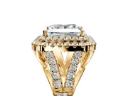 Double Halo Engagement Ring Setting for Princess Cut Center with Narrow Pave Split Shank and Prong Head in Yellow Gold