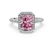 Halo Engagement Ring Setting for Fancy Pink Radiant Cut Center with Pave Accents, Heart Basket and Prong Head in White Gold