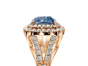 Double Halo Engagement Ring Setting for Fancy Blue Cushion Cut Center with Narrow Pave Split Shank and Prong Head in Rose Gold