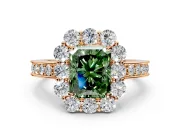 Halo Engagement Ring Setting for Fancy Green Radiant Cut Center with Milgrain Channel Band and Prong Head in Rose Gold