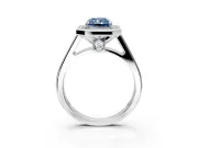 Halo Engagement Ring Setting for Fancy Blue Radiant Cut Center with Outer Bezel Rim, Pave Band and Prong Head in White Gold