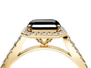 Halo Engagement Ring Setting for Fancy Black Asscher Cut Center with Narrowing Pave Band and Prong Head in Yellow Gold