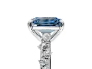 Solitaire Engagement Ring Setting for Fancy Blue Emerald Cut Center with Trailing Leaf Accent Band and Prong Head in Platinum