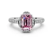 Floral Engagement Ring Setting for Fancy Pink Emerald Cut Center with Four Accent Clusters and Prong Head in Sterling Silver