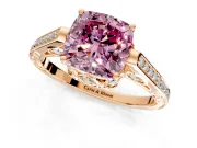 Cathedral Engagement Ring Setting for Fancy Pink Cushion Cut Center with Antique-Style Pave Band and Prong Head in Rose Gold