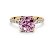 Solitaire Engagement Ring Setting for Fancy Pink Round Cut Center with Fine Pave Narrow Band and Prong Head in Yellow Gold