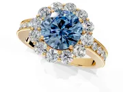 Halo Engagement Ring Setting for Fancy Blue Round Cut Center with Milgrain Channel Band and Prong Head in Yellow Gold