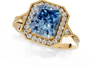 Halo Engagement Ring Setting for Fancy Blue Radiant Cut Center with Milgrain Rim, Pave Band and Prong Head in Yellow Gold