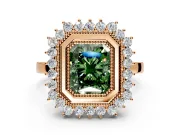 Halo Engagement Ring Setting for Fancy Green Radiant Cut Center with Milgrain Bezel Rim, Plain Band and Prong Head in Rose Gold