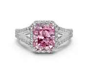 Halo Engagement Ring Setting for Fancy Pink Radiant Cut Center with Pave Split Shank and Prong Head in Sterling Silver