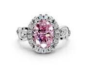 Halo Engagement Ring Setting for Fancy Pink Oval Center with Open Scroll Shoulders and Prong Head in Sterling Silver