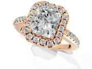 Pave Halo Engagement Ring Setting for Radiant Cut Center with Single Row Pave Band and Prong Head in Rose Gold