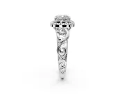 Halo Engagement Ring Setting for Cushion Cut Center with Open Scroll Shoulders and Prong Head in White Gold