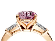 3 Stone Engagement Ring Setting for Fancy Pink Round Cut Center with Channel Baguette Accents and Prong Head in Rose Gold