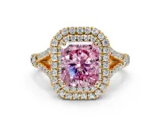 Double Halo Engagement Ring Setting for Fancy Pink Radiant Cut Center with Narrow Pave Split Shank and Prong Head in Yellow Gold