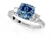 3 Stone Engagement Ring Setting for Fancy Blue Cushion Cut Center with Round Cut Side Accents and Prong Head in White Gold