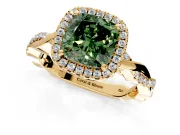 Halo Engagement Ring Setting for Fancy Green Cushion Cut Center with Pave and Plain Twist Band and Prong Head in Yellow Gold