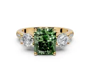 3 Stone Engagement Ring Setting for Fancy Green Radiant Cut Center with Crossover Basket, Pave Band and Prong Head in Yellow Gold