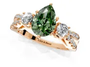 3 Stone Engagement Ring Setting for Fancy Green Pear-Shaped Center with Pave Split Shank and Prong Head in Rose Gold