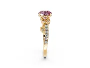 Leaf Motif Engagement Ring Setting for Fancy Pink Round Cut Center with Pave Band and Prong Head in Yellow Gold