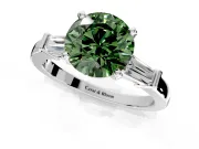 3 Stone Engagement Ring Setting for Fancy Green Round Cut Center with Channel Baguette Accents and Prong Head in Sterling Silver