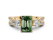 3 Stone Engagement Ring Setting for Fancy Green Emerald Cut Center with Pave Split Shank and Prong Head in Yellow Gold