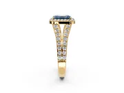 Halo Engagement Ring Setting for Fancy Blue Emerald Cut Center with Narrow Pave Split Shank and Prong Head in Yellow Gold