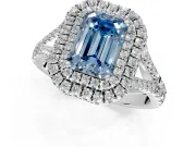 Double Halo Engagement Ring Setting for Fancy Blue Emerald Cut Center with Narrow Pave Split Shank and Prong Head in Platinum